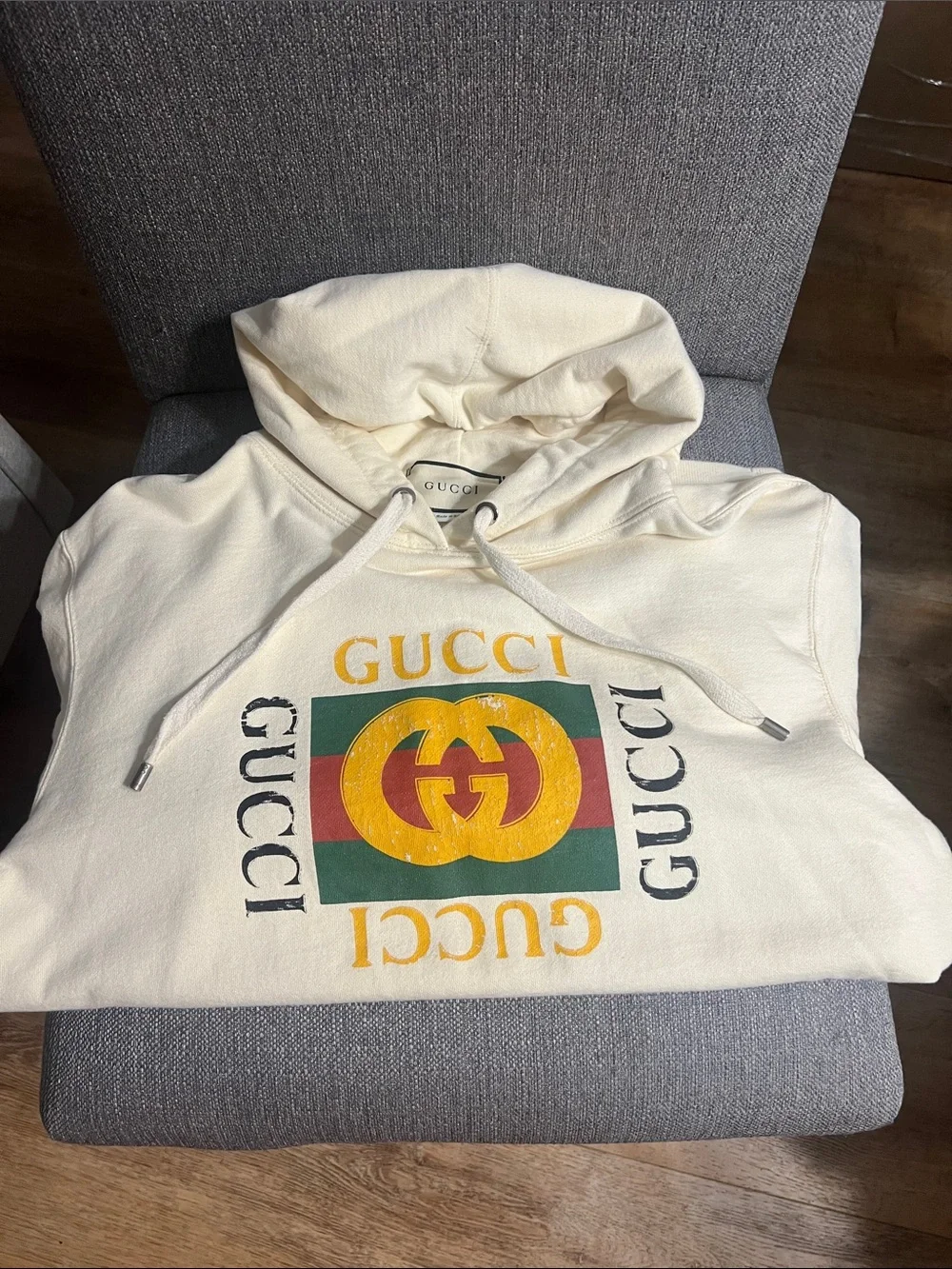 Gucci Cream Hoodie with Multicolor Signature Logo Size M